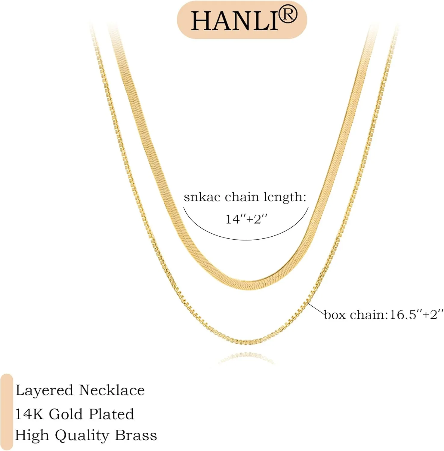 HANLI Layered Necklaces for Women 14K Gold Plated Dainty Layer Paper Clip Herringbone Necklaces Simple Satellite Box Chain Necklace Minimalist Everyday Jewelry