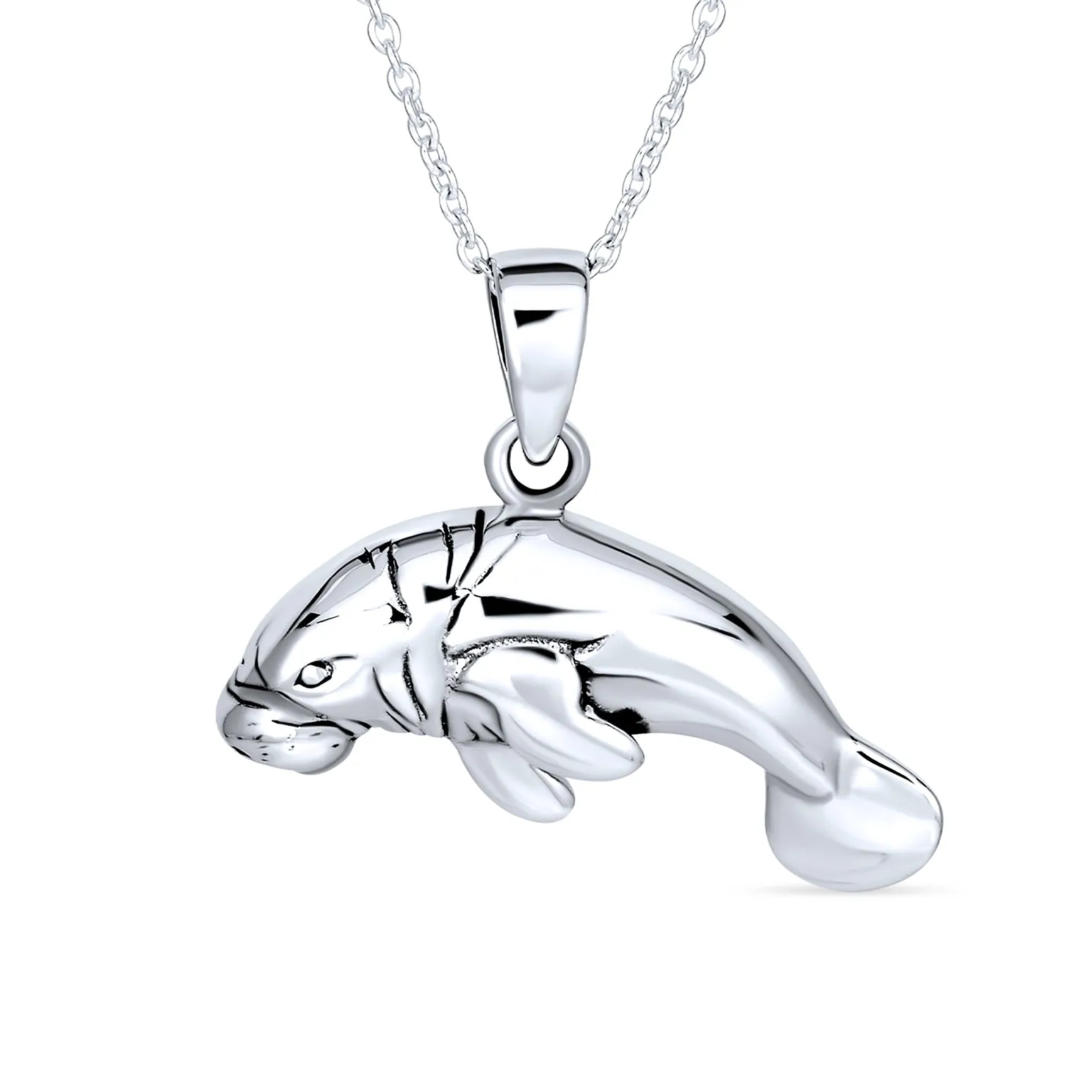 Hawaiian Nautical Sea Cow Marine Life Pendant Necklace in Sterling Silver