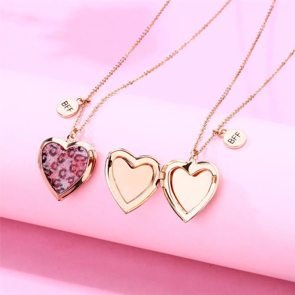 Heart Locket Necklace for Women Men Geometric Heart Photo Picture Necklace for Couples BFF Best Friends Neclace Jewelry 2Pcs