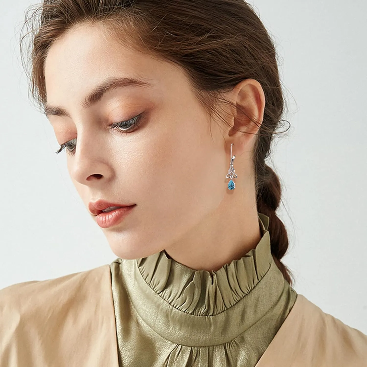 Heart Turquoise Earrings S925 Sterling Silver Vintage Daily Jewelry Gift for Sensitive Ears Women Girls Turquoise Lovers