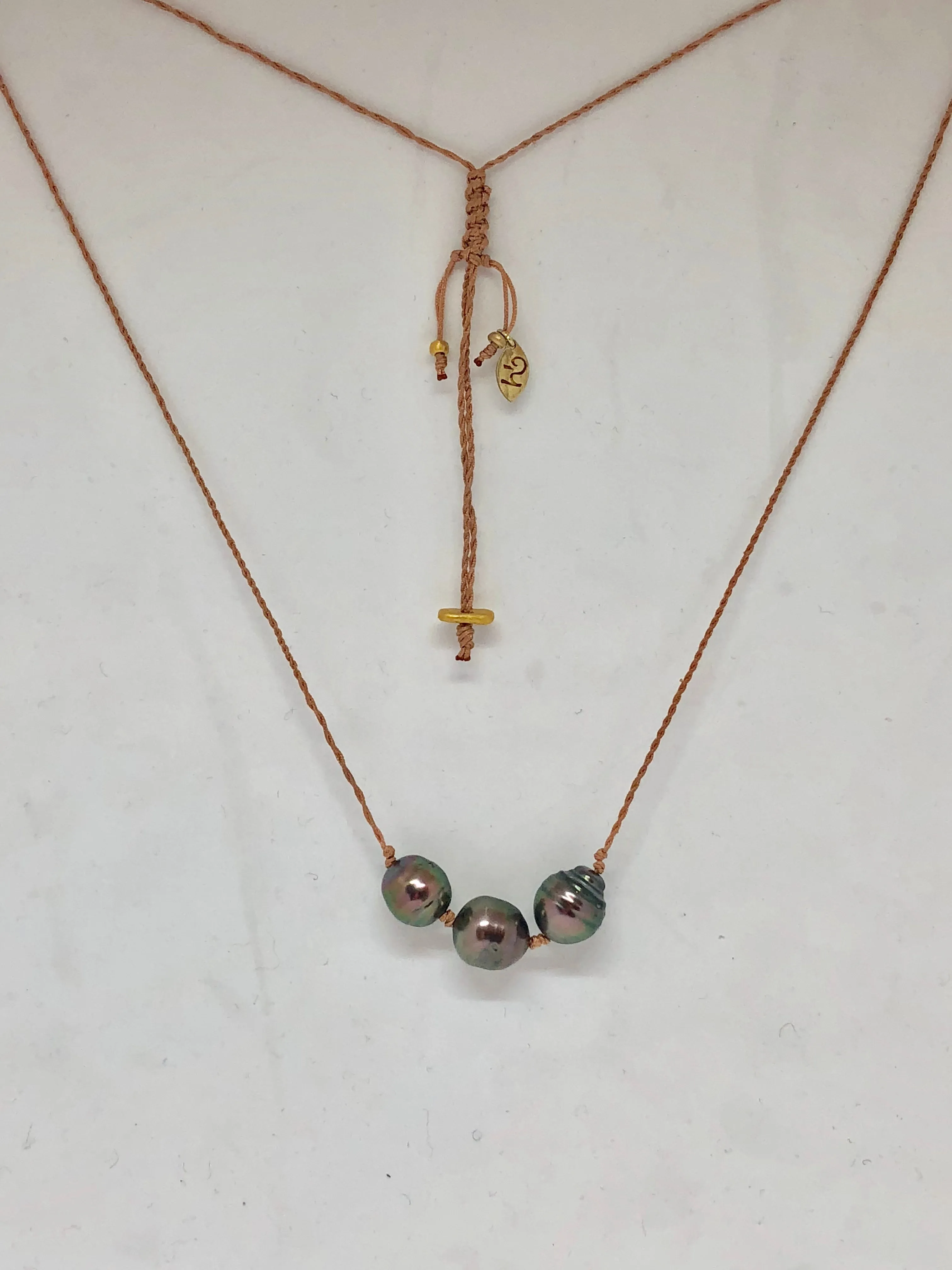 Heather Benjamin Triple Pearl Necklace with Tan Cord