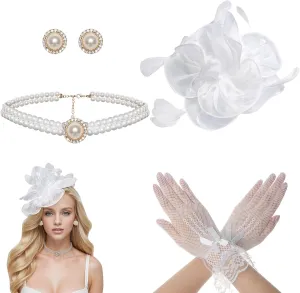 Heliltd 4Pcs Tea Party Fascinator Hat for Women Flower Fascinators for Women Feather Hat Lace Glove Pearl Jewelry Set