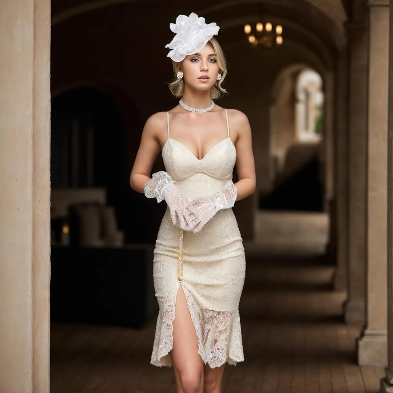 Heliltd 4Pcs Tea Party Fascinator Hat for Women Flower Fascinators for Women Feather Hat Lace Glove Pearl Jewelry Set