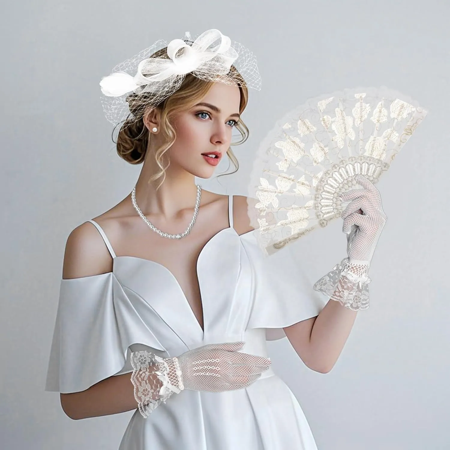 Heliltd 6pcs 1920s Fascinators for Women Tea Party Fascinator Hat for Women Black Hat Gloves Lace Fan Pearl Jewelry Set