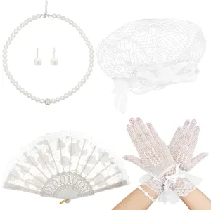 Heliltd 6pcs 1920s Fascinators for Women Tea Party Fascinator Hat for Women Black Hat Gloves Lace Fan Pearl Jewelry Set