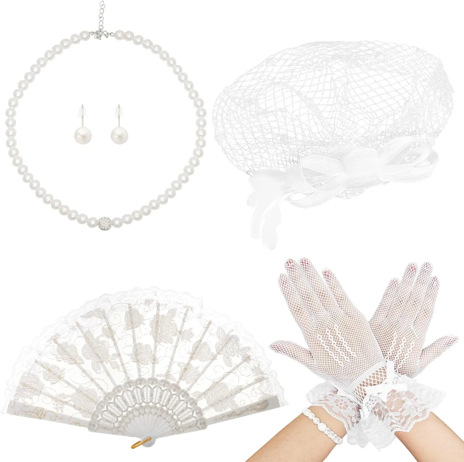 Heliltd 6pcs 1920s Fascinators for Women Tea Party Fascinator Hat for Women Black Hat Gloves Lace Fan Pearl Jewelry Set