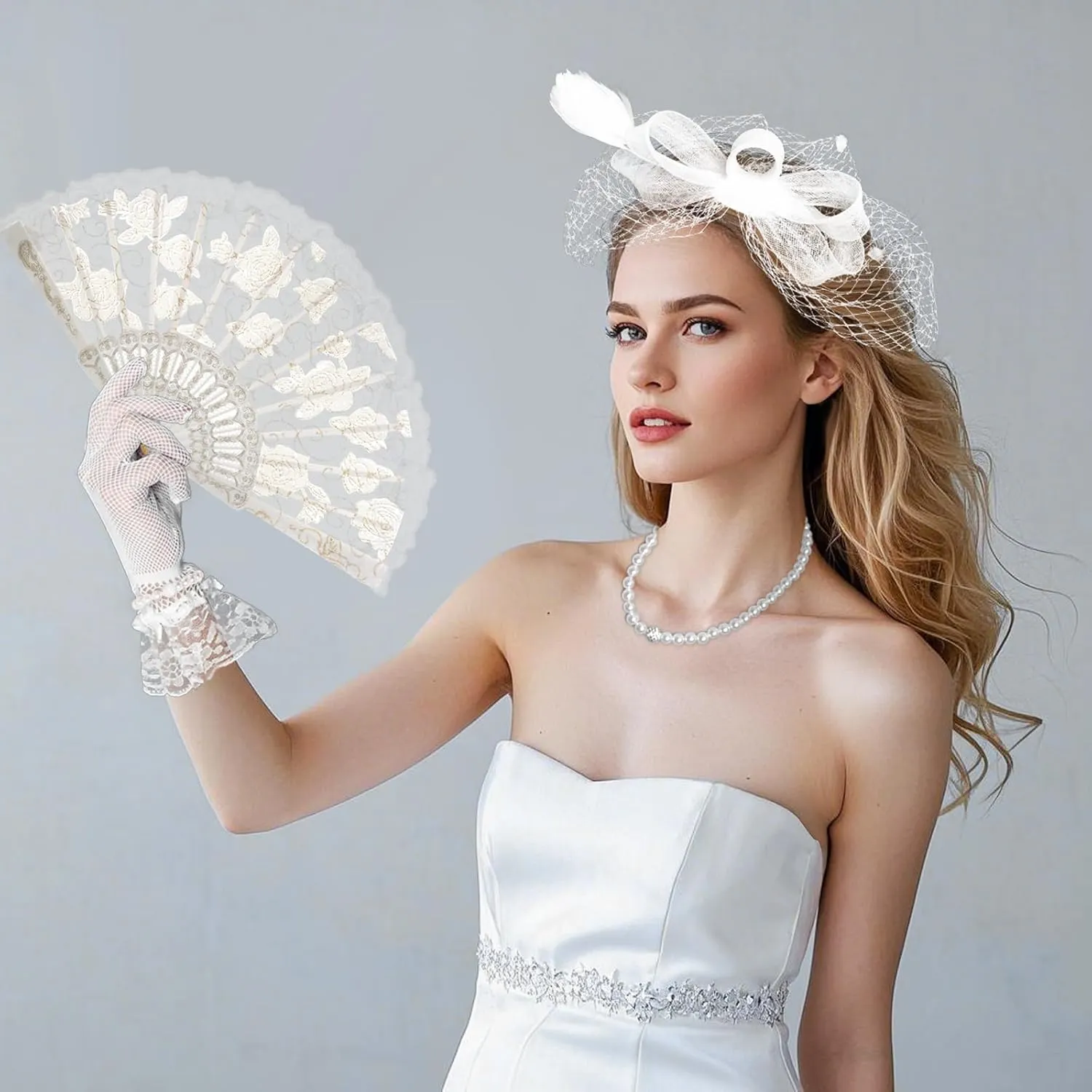 Heliltd 6pcs 1920s Fascinators for Women Tea Party Fascinator Hat for Women Black Hat Gloves Lace Fan Pearl Jewelry Set