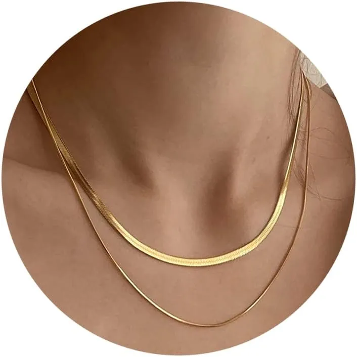 Herringbone Necklace for Women Layered Gold Necklaces Dainty Gold Necklace Set 18k Gold Plated Snake Chain Necklace Simple Gold Choker Necklace for Women Trendy Gold Jewelry for Women
