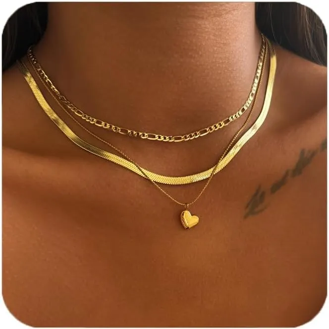 Herringbone Necklace for Women,14k Gold Plated Heart Necklace Snake,Gold Chain Choker Necklaces,Simple Gold Layered Necklaces,Gold Jewelry Gift for Women Her