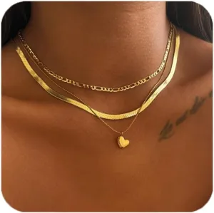 Herringbone Necklace for Women,14k Gold Plated Heart Necklace Snake,Gold Chain Choker Necklaces,Simple Gold Layered Necklaces,Gold Jewelry Gift for Women Her