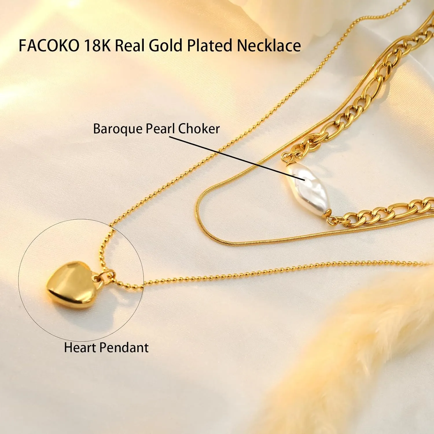 Herringbone Necklaces for Women, Hypoallergenic 18K Real Gold Plated Choker Necklace for Men Girls, 2Pcs Silver Necklace Set, Layering Necklaces(Individual Lobster Clasp)