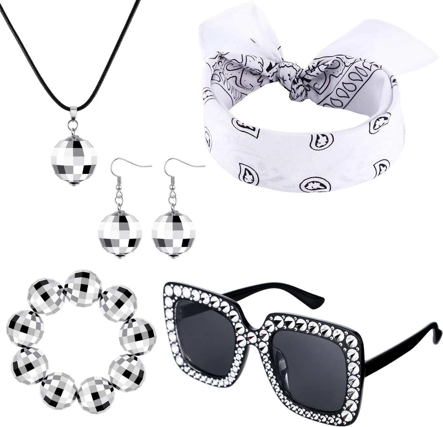 Hicarer 5 Pieces Disco Accessories Women 1970s Disco Ball Necklace Headband Black Sunglasses Ball Earrings Bracelet Party Favor