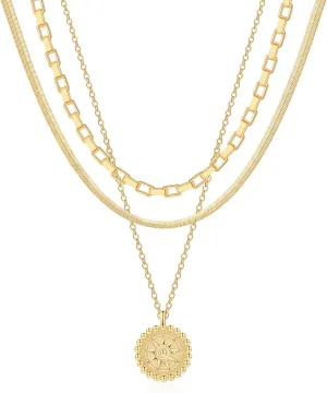 Hidepoo Gold Layered Necklaces for Women, 14K Gold Plated Dainty Coin Pendant Choker Necklace Herringbone Snake Necklace Paperclip Chain Layered Necklaces for Women Jewelry Gifts