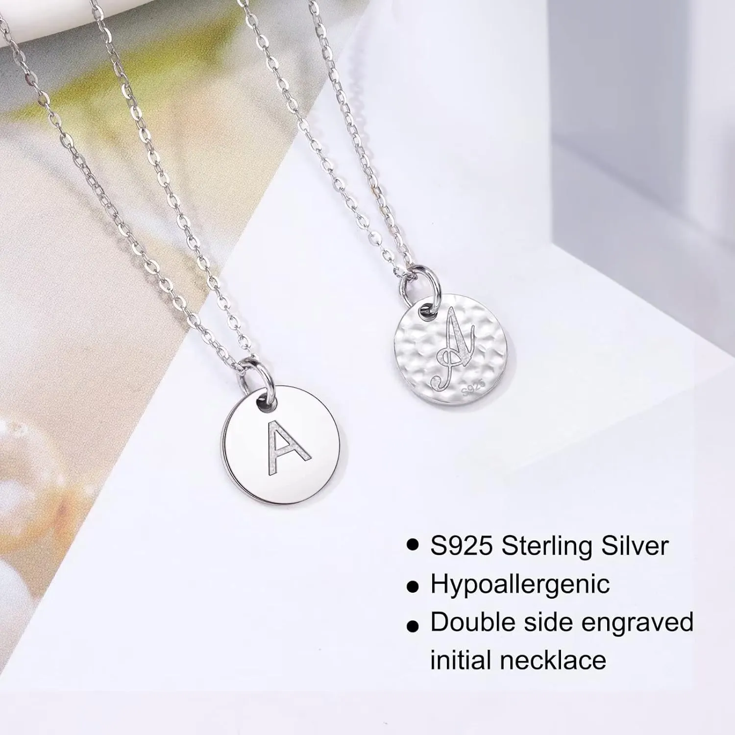 Hidepoo S925 Sterling Silver Disc Initial Necklaces for Girls Women, Dainty Double Sided Engraved Hammered Letter Necklace Sterling Silver Initial Necklaces for Girls Teen Girls Gifts Birthday Gifts