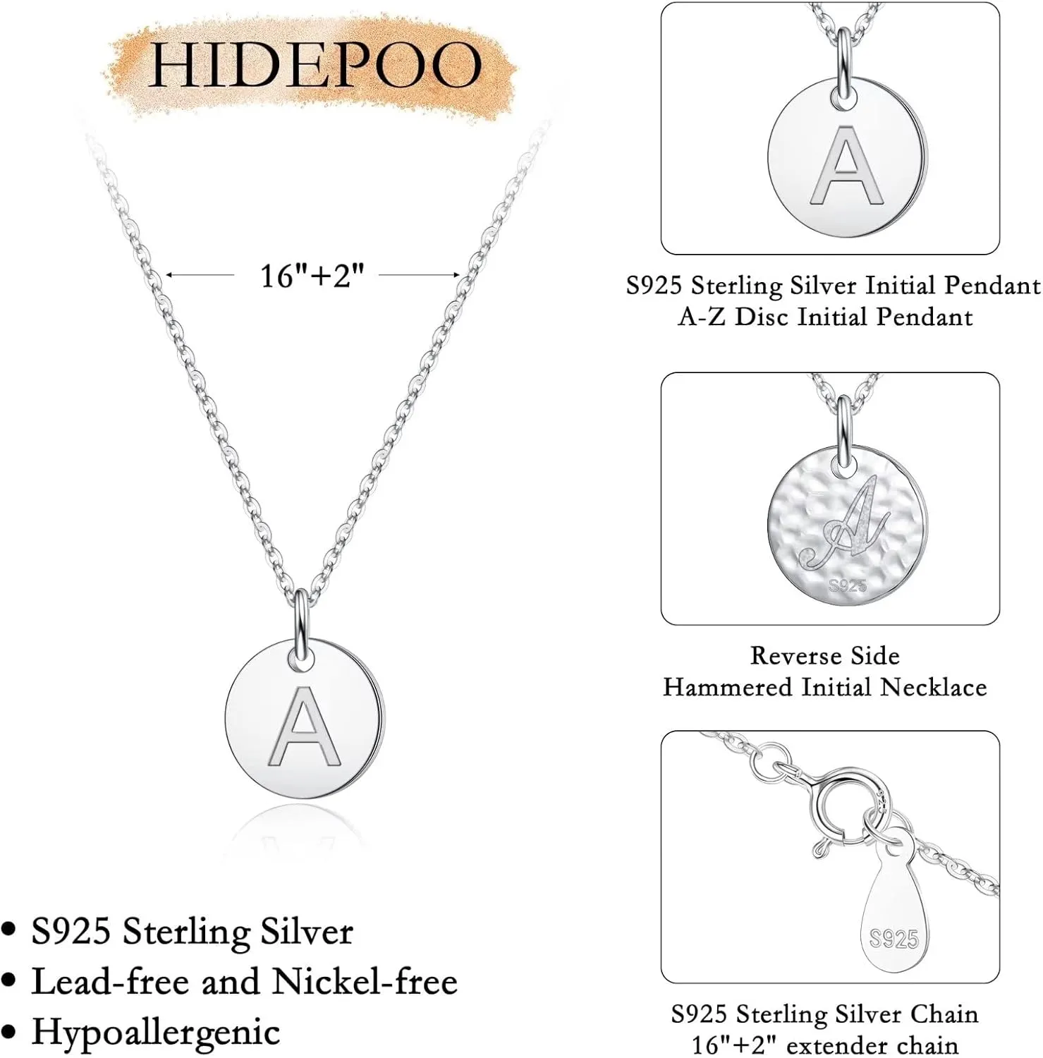 Hidepoo S925 Sterling Silver Disc Initial Necklaces for Girls Women, Dainty Double Sided Engraved Hammered Letter Necklace Sterling Silver Initial Necklaces for Girls Teen Girls Gifts Birthday Gifts