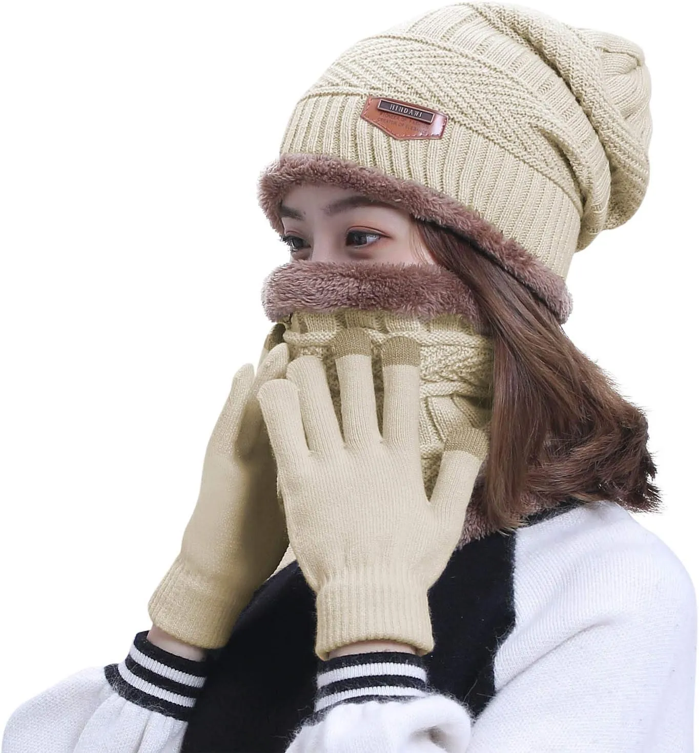 HINDAWI Winter Hat Scarf Gloves Slouchy Beanie Snow Knit Skull Cap Touch Screen Mittens Circle Scarves for Women Men