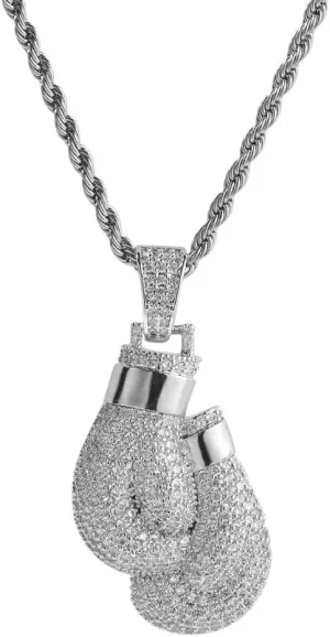 Hip Hop Iced out Boxing Gloves Pendant Necklace Cubic Zirconia Pendant with Rope Chain for Men Women
