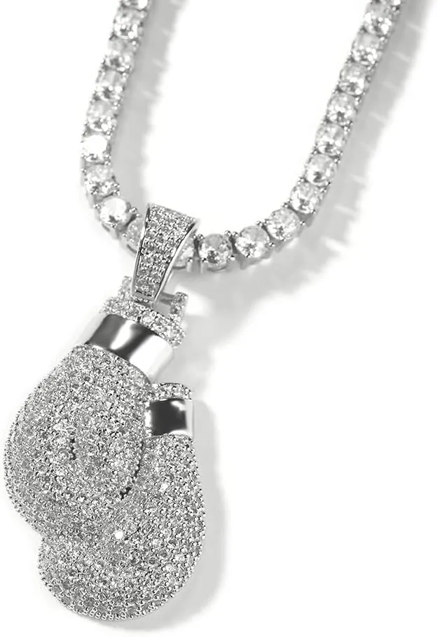 Hip Hop Iced out Boxing Gloves Pendant Necklace Cubic Zirconia Pendant with Rope Chain for Men Women