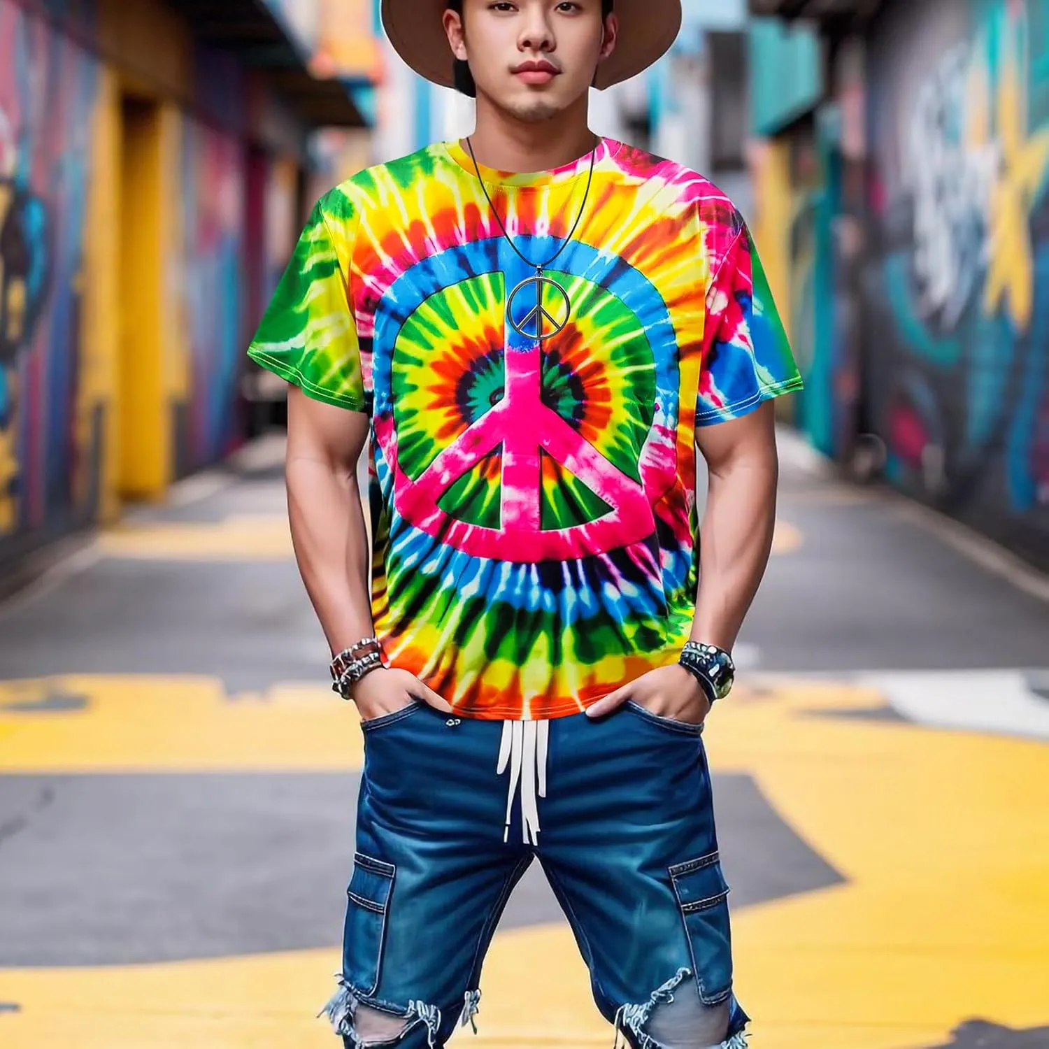 Hippie Costume for Men Women 60s and 70s colorful T-shirt sunglasses headband Peace necklace 4-piece theme party