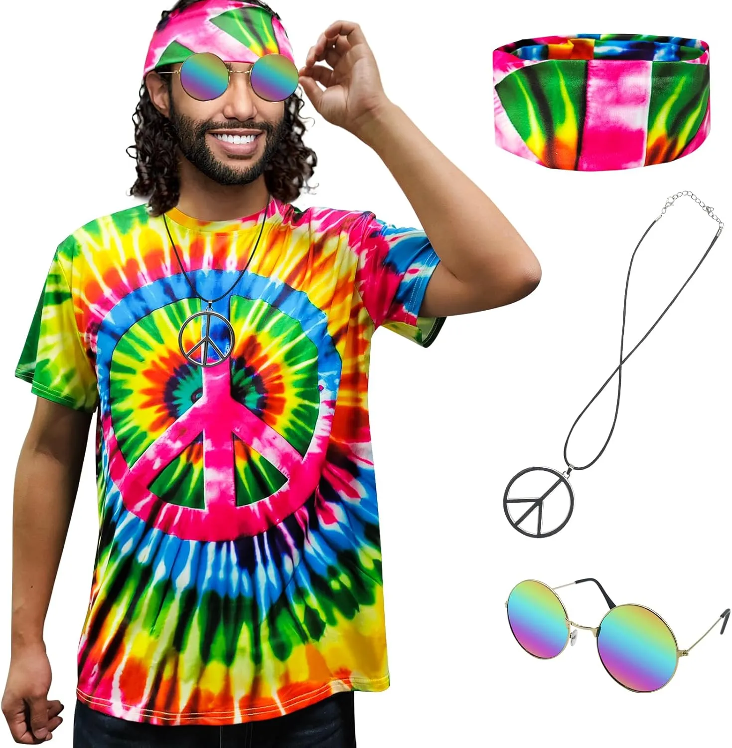 Hippie Costume for Men Women 60s and 70s colorful T-shirt sunglasses headband Peace necklace 4-piece theme party