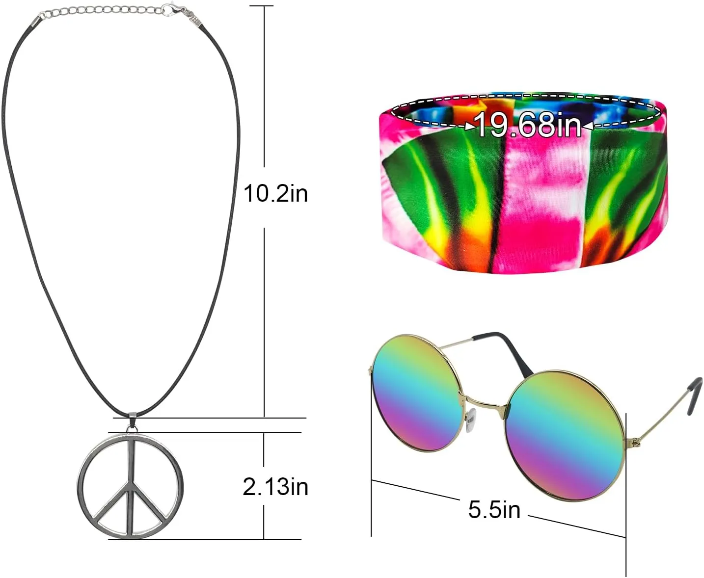 Hippie Costume for Men Women 60s and 70s colorful T-shirt sunglasses headband Peace necklace 4-piece theme party