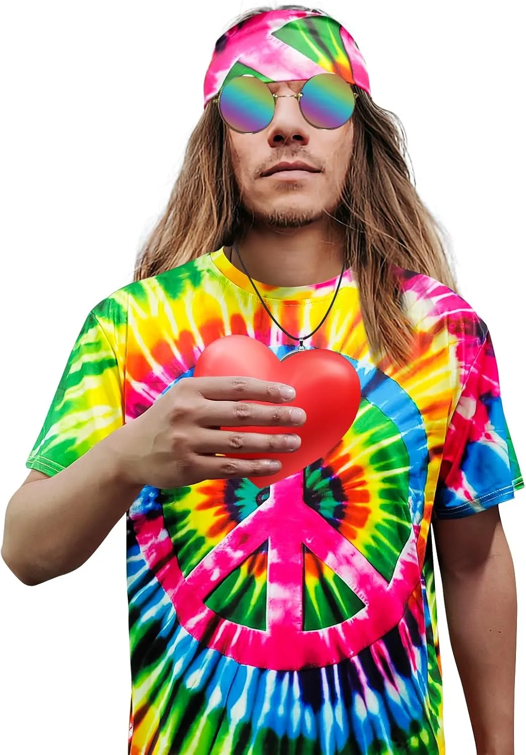 Hippie Costume for Men Women 60s and 70s colorful T-shirt sunglasses headband Peace necklace 4-piece theme party