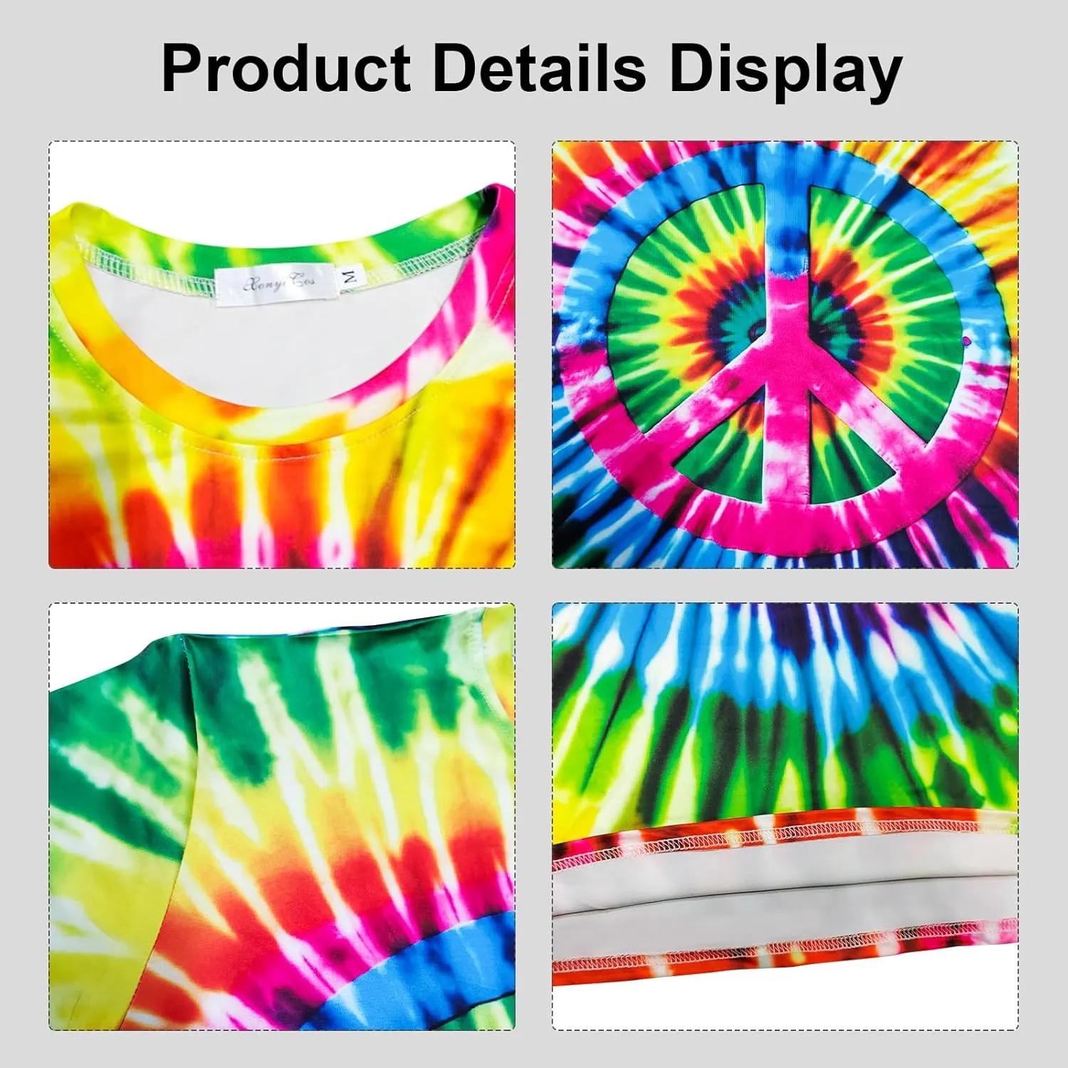 Hippie Costume for Men Women 60s and 70s colorful T-shirt sunglasses headband Peace necklace 4-piece theme party