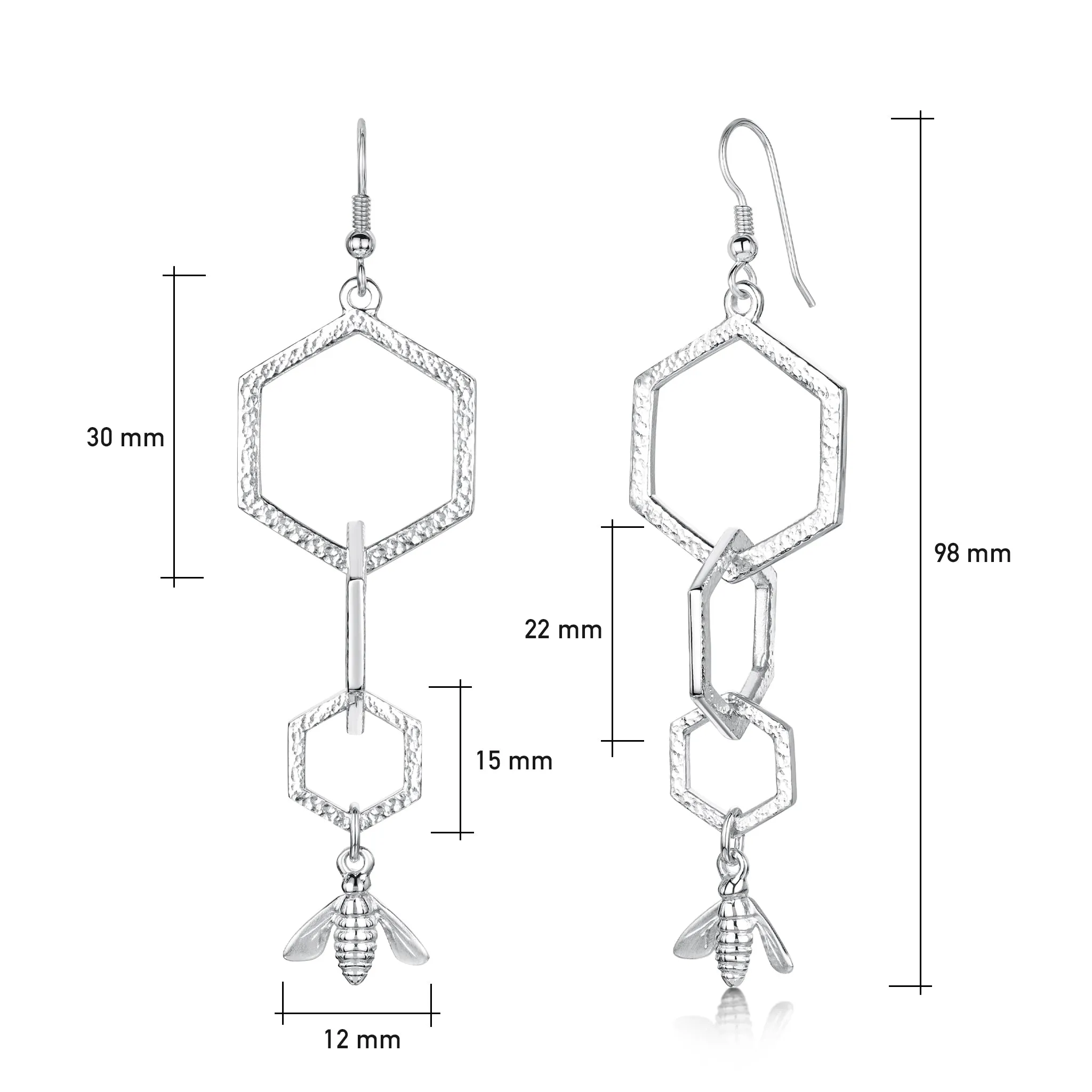 Honeycomb 3-link Dress Drop Earrings with Sterling Silver Bee