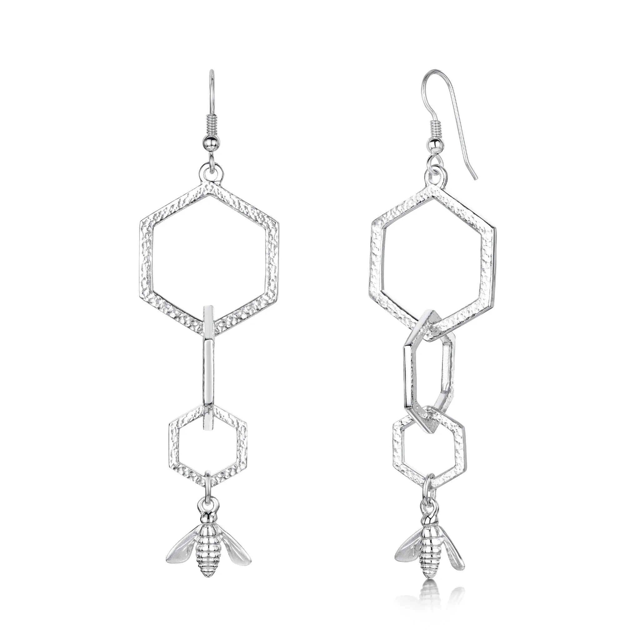 Honeycomb 3-link Dress Drop Earrings with Sterling Silver Bee