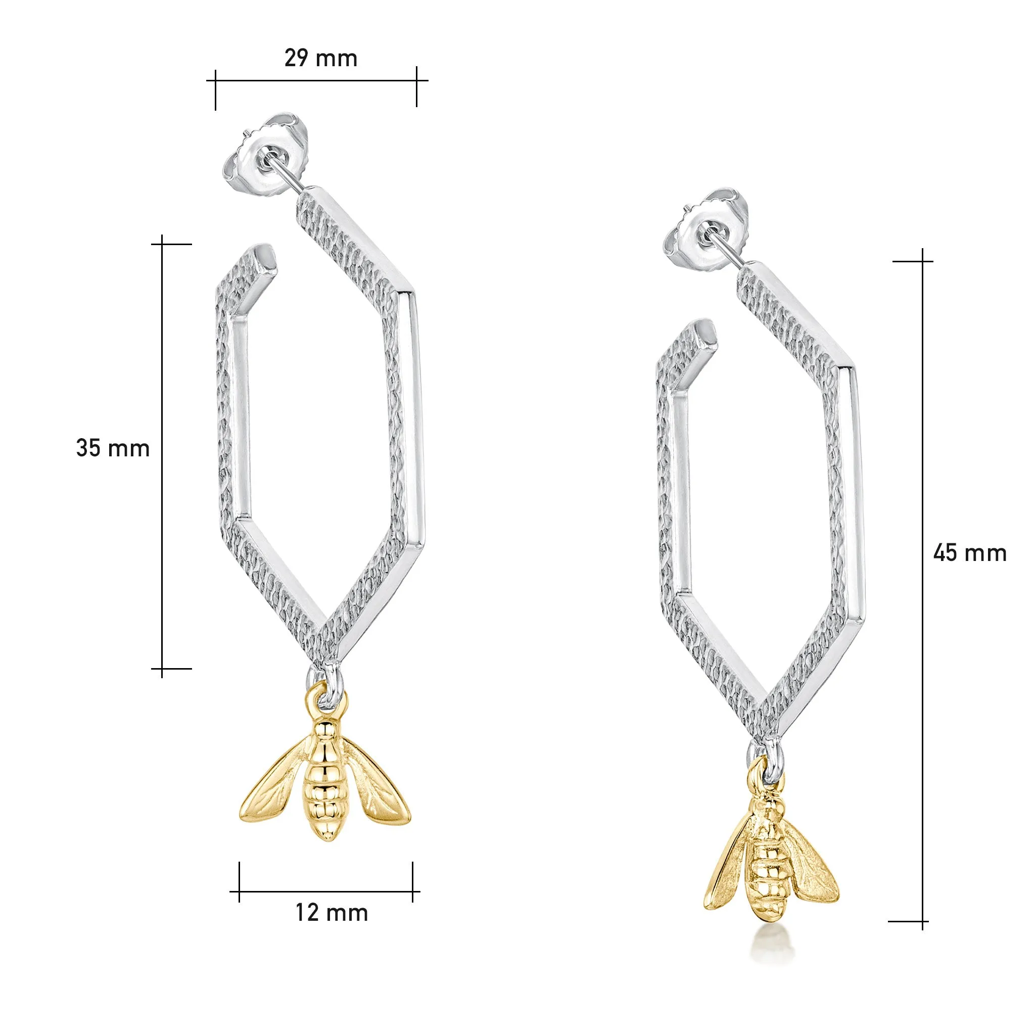 Honeycomb Large Silver Hoop Earrings with 9ct Yellow Gold Bee