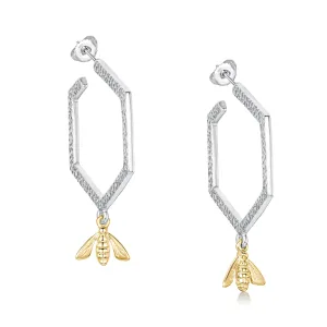 Honeycomb Large Silver Hoop Earrings with 9ct Yellow Gold Bee