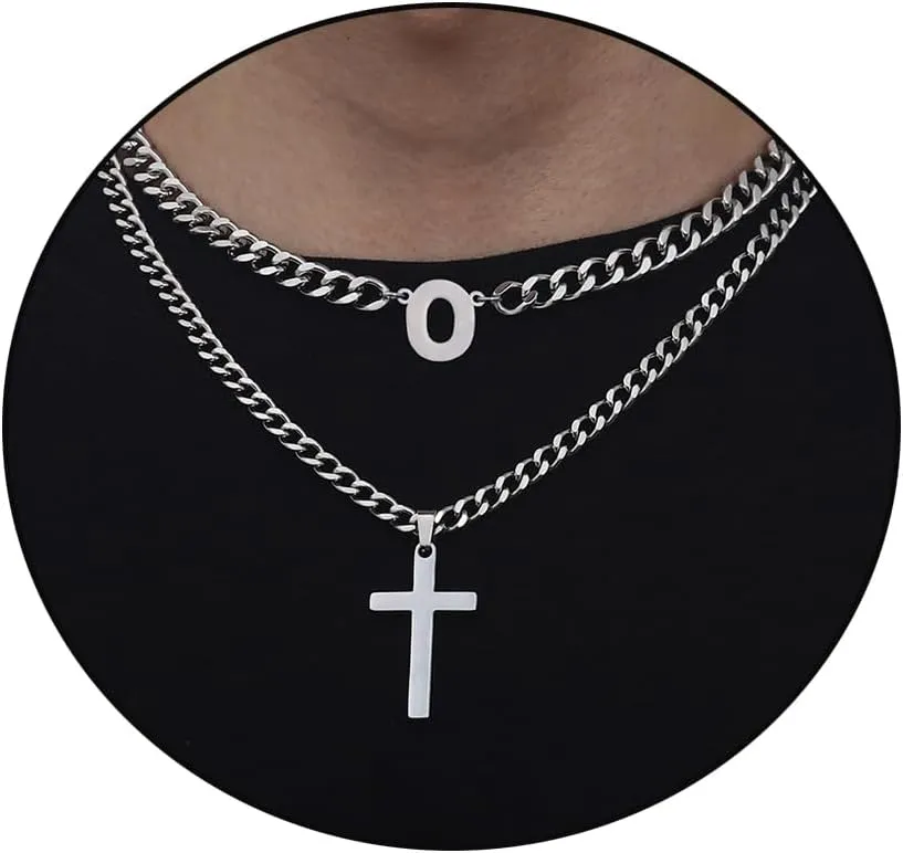 Honsny Layered Cross Initial Necklace for Men, Silver Stainless Steel Mens Cross Pendant Necklaces Letter A-Z Cuban Link Chain Necklace for Men 16/18 2 Inches Jewelry Gift