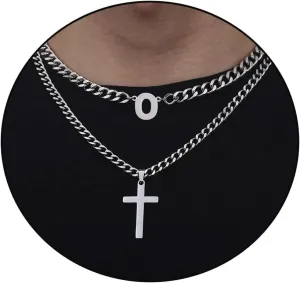 Honsny Layered Cross Initial Necklace for Men, Silver Stainless Steel Mens Cross Pendant Necklaces Letter A-Z Cuban Link Chain Necklace for Men 16/18 2 Inches Jewelry Gift