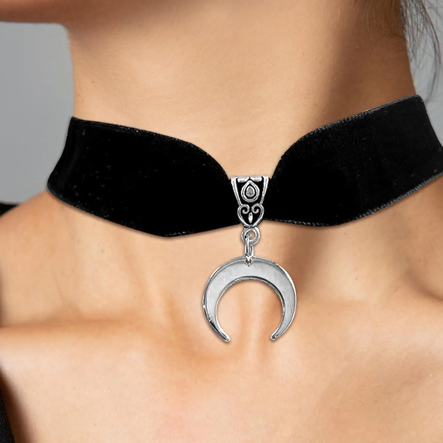 HUASAI Halloween Black Velvet Choker for Women Gothic Collar Crescent Moon Necklace