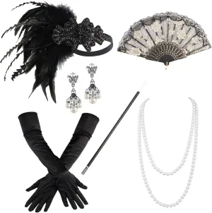 Ibeauti 1920s Accessories Flapper Costume Women 20s Flapper Headband Pearl Necklace Gloves Lace Fan