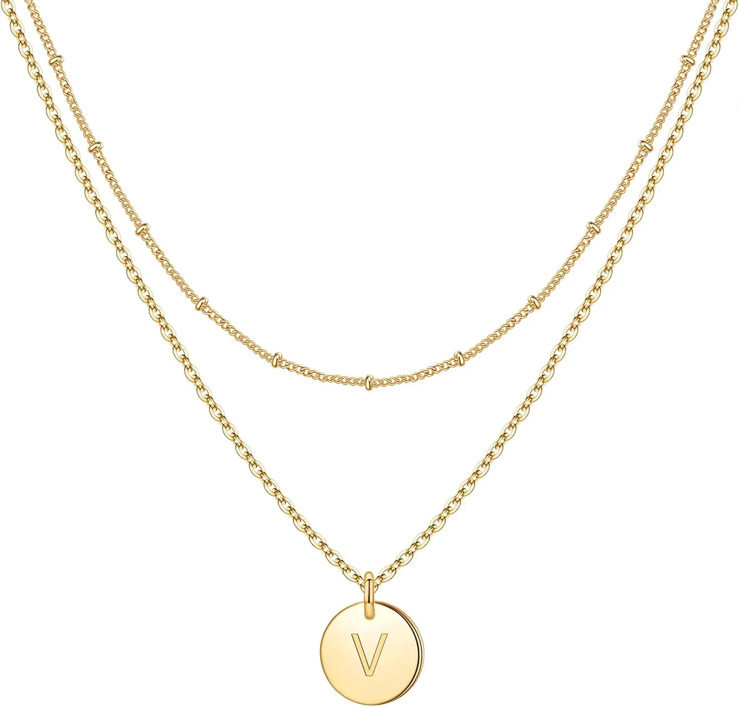 IEFWELL Initial Necklaces for Women Girls - Gold Silver Rose Gold Double Side Engraved Hammered Coin Necklaces, Layered Necklace Jewelry Pendant for Teen Girls
