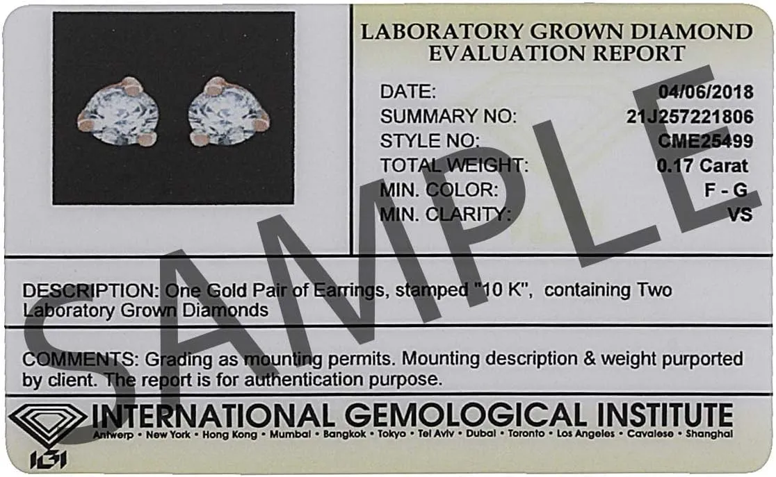 IGI Certified Round Lab Grown Diamond 3 Prong Stud Earrings In 14k Solid Gold (0.39 cttw,Light Blue Color,SI2-I1 Clarity)