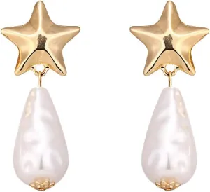 Imitation Pearls Dangle Clip Earrings Star Geometric Minimalist Statement Earrings