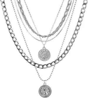 INENIMARTJ Silver Chunky Necklace for Women, Layered Chunky Link Chain Choker Necklaces, Multilayer Punk 80s 90s Jewelry for Women Trendy Retro Coin Pendant Necklace (H Coin S)