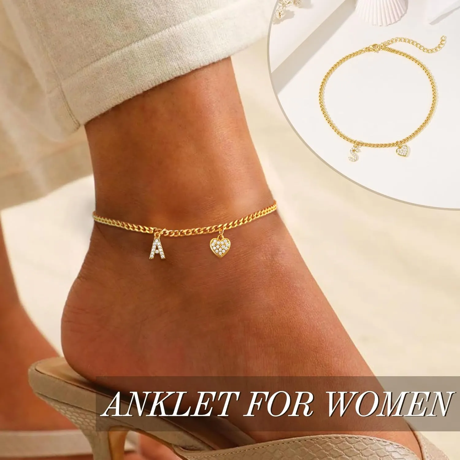 Initial Anklet, Ankle Bracelets for Women Valentines Day Gifts for Her Simple Gold Plated Anklet for Women with Heart Teen Girl Gifts Trendy Stuff Birthday Gifts for Women