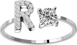 Initial Letter Alphabet Rings A-Z Silver Crystal Adjustable Finger Ring for Women Girl Promise Ring Wedding Band