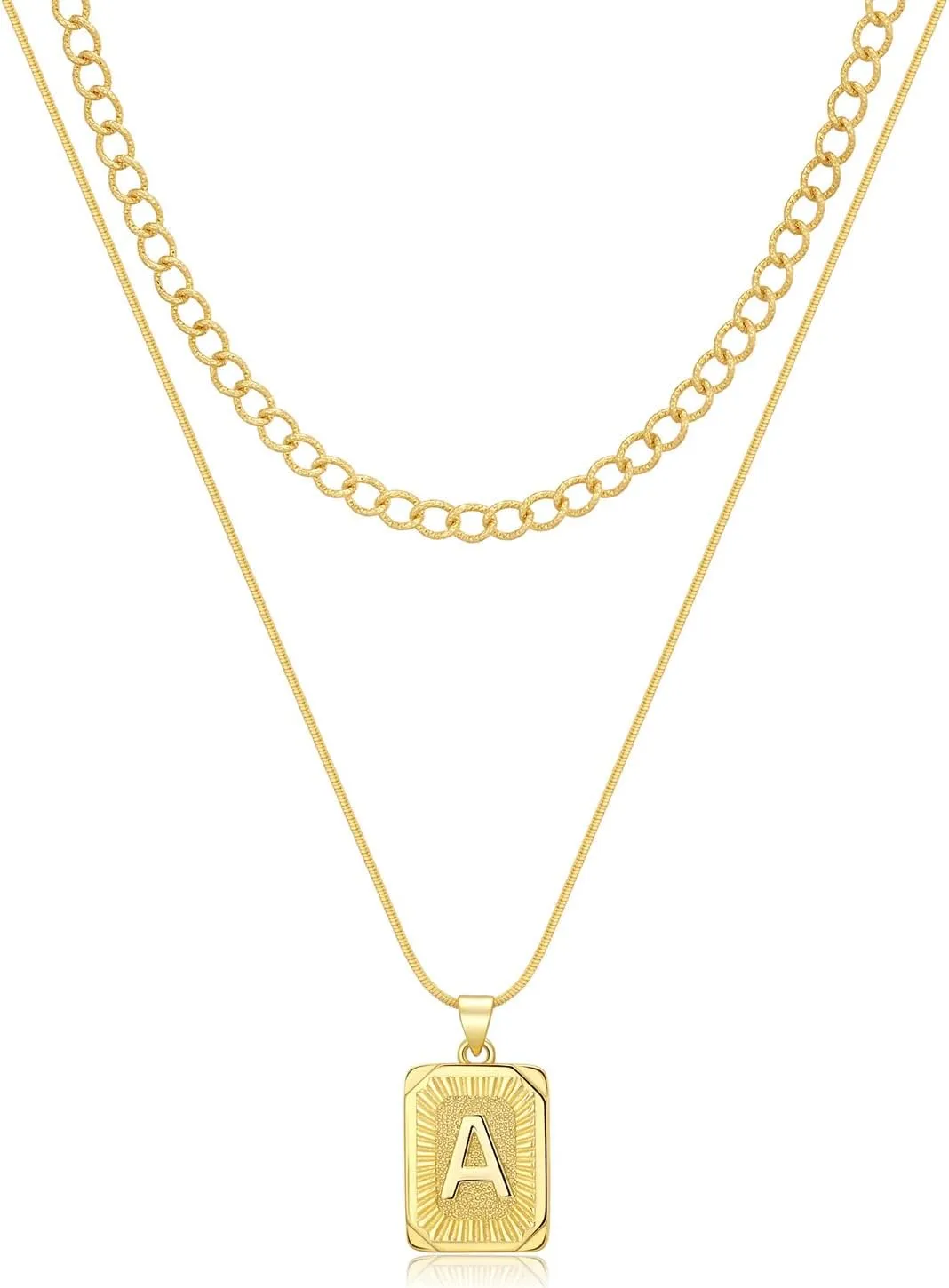 Initial Necklaces for Women 14K Gold Plated Letter Necklace Square Pendant Layered Gold Choker Necklaces Trendy Jewelry A
