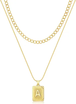 Initial Necklaces for Women 14K Gold Plated Letter Necklace Square Pendant Layered Gold Choker Necklaces Trendy Jewelry A