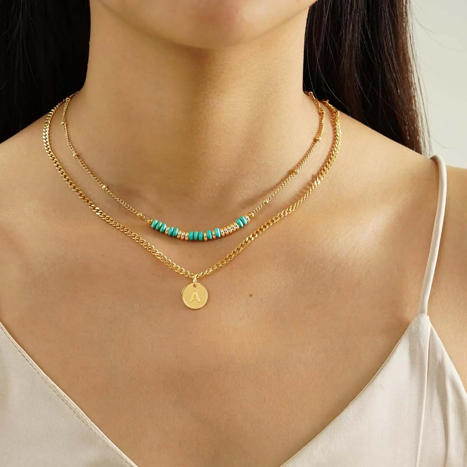 Initial Necklaces for Women Girls I Love You Morse Code Letter C Initial Necklace Gold Layered Necklaces for Women Jewelry Turquoise Beaded Choker Necklace Handmade Gift for Girlfriend