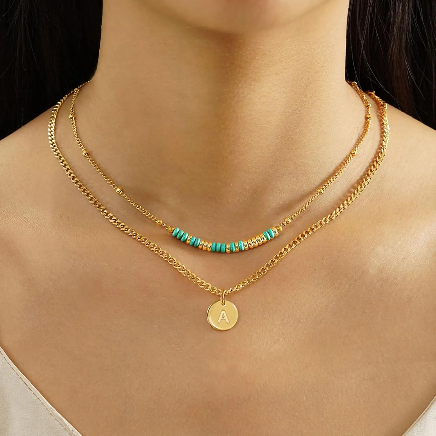 Initial Necklaces for Women Girls I Love You Morse Code Letter C Initial Necklace Gold Layered Necklaces for Women Jewelry Turquoise Beaded Choker Necklace Handmade Gift for Girlfriend