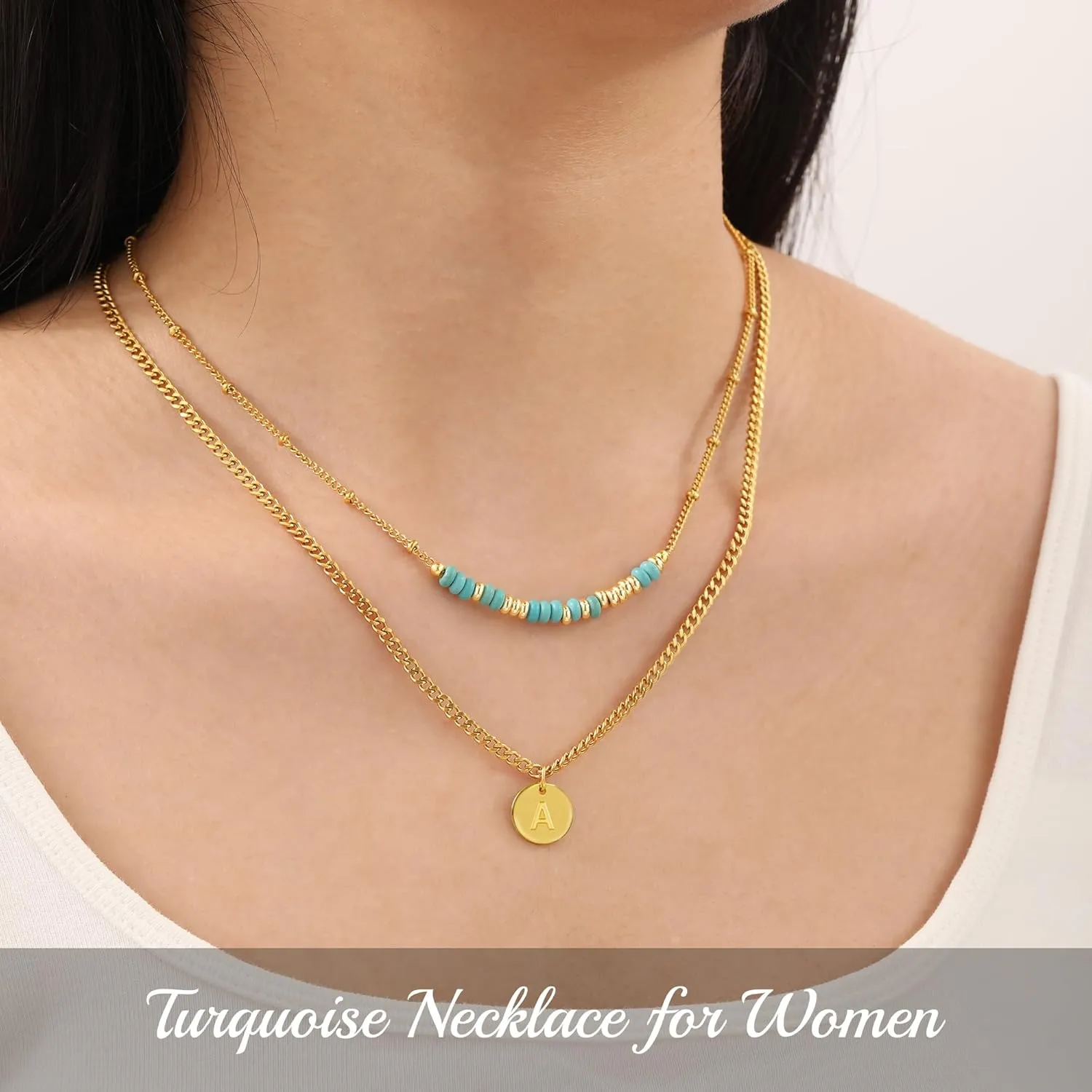Initial Necklaces for Women Girls I Love You Morse Code Letter C Initial Necklace Gold Layered Necklaces for Women Jewelry Turquoise Beaded Choker Necklace Handmade Gift for Girlfriend