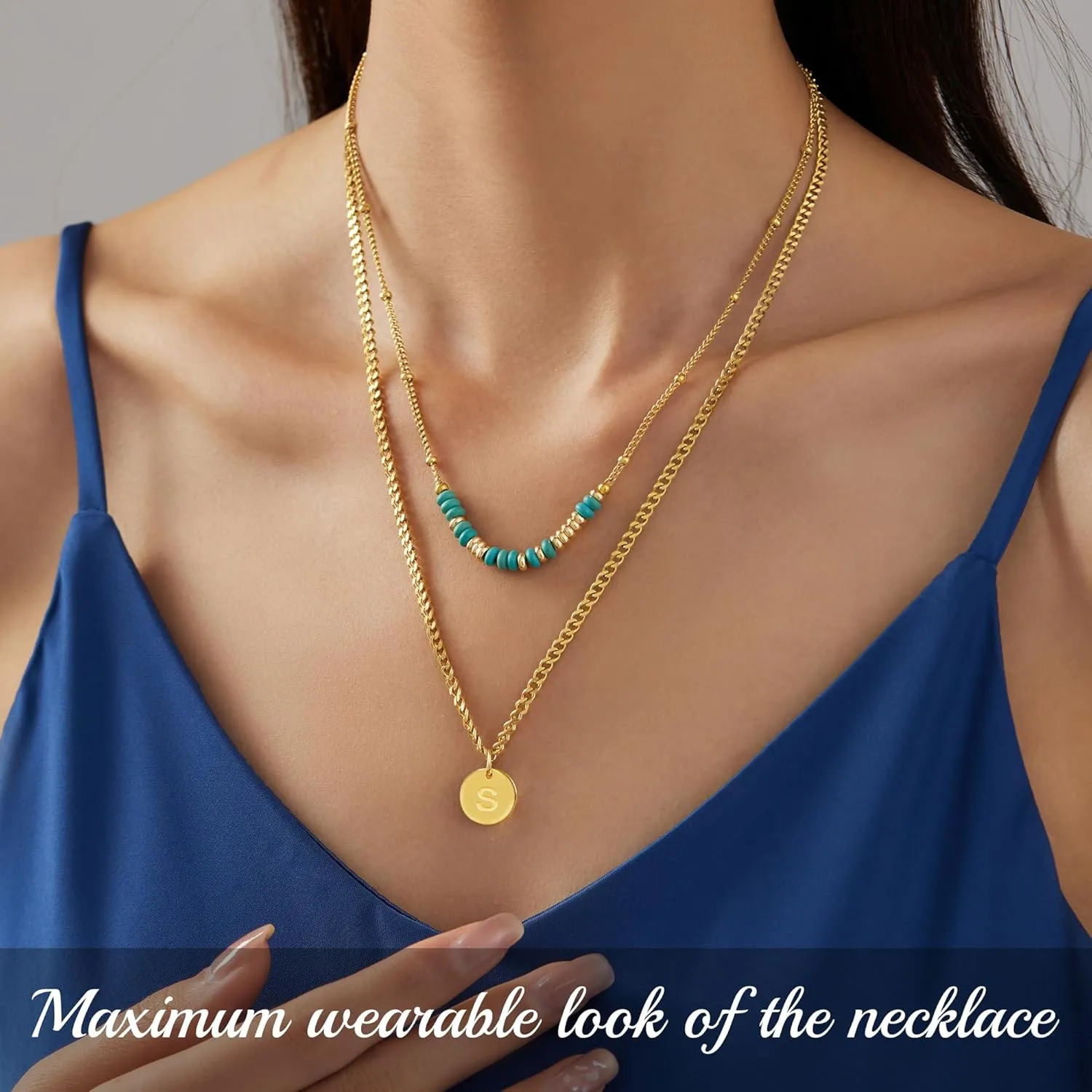 Initial Necklaces for Women Girls I Love You Morse Code Letter C Initial Necklace Gold Layered Necklaces for Women Jewelry Turquoise Beaded Choker Necklace Handmade Gift for Girlfriend