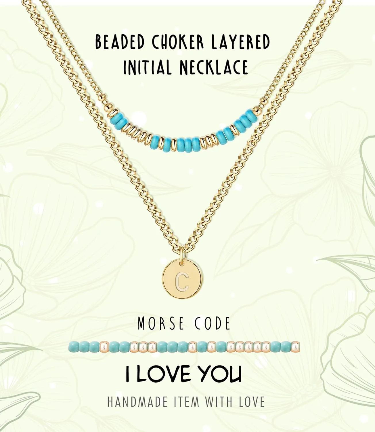Initial Necklaces for Women Girls I Love You Morse Code Letter C Initial Necklace Gold Layered Necklaces for Women Jewelry Turquoise Beaded Choker Necklace Handmade Gift for Girlfriend