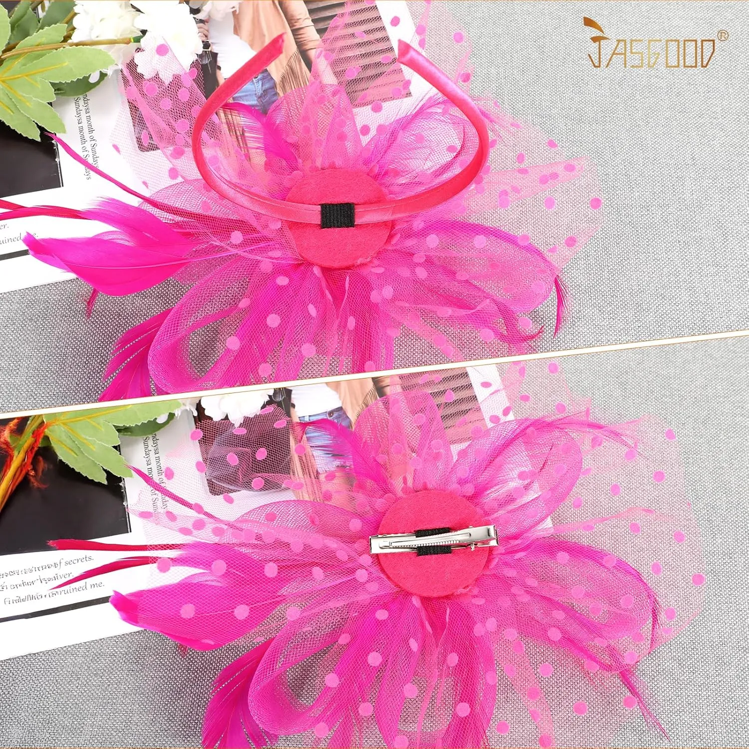JASGOOD 2Pcs Fascinators Hat Clip for Tea Party with Lace Gloves Flower Mesh Feathers Wedding Headwear for Girls and Ladies