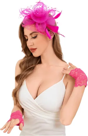 JASGOOD 2Pcs Fascinators Hat Clip for Tea Party with Lace Gloves Flower Mesh Feathers Wedding Headwear for Girls and Ladies